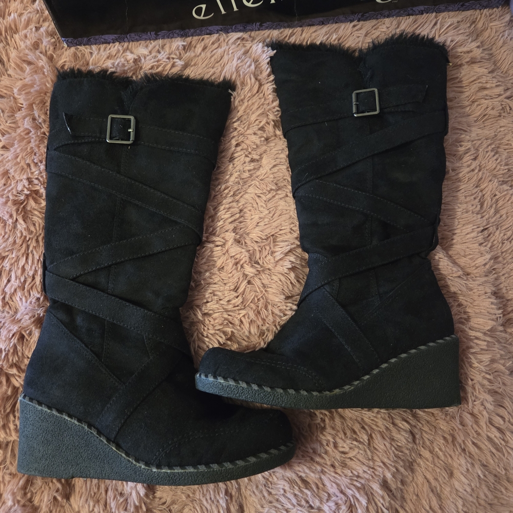 ellemenno Black Winter Boots, fur lined wedge 8.5